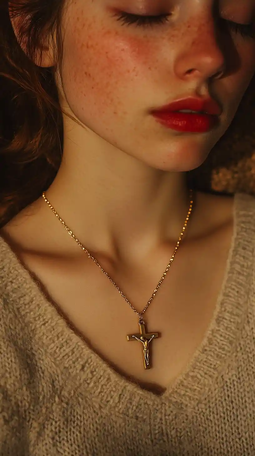 Serene woman portrait with wool textures and crucifix necklace