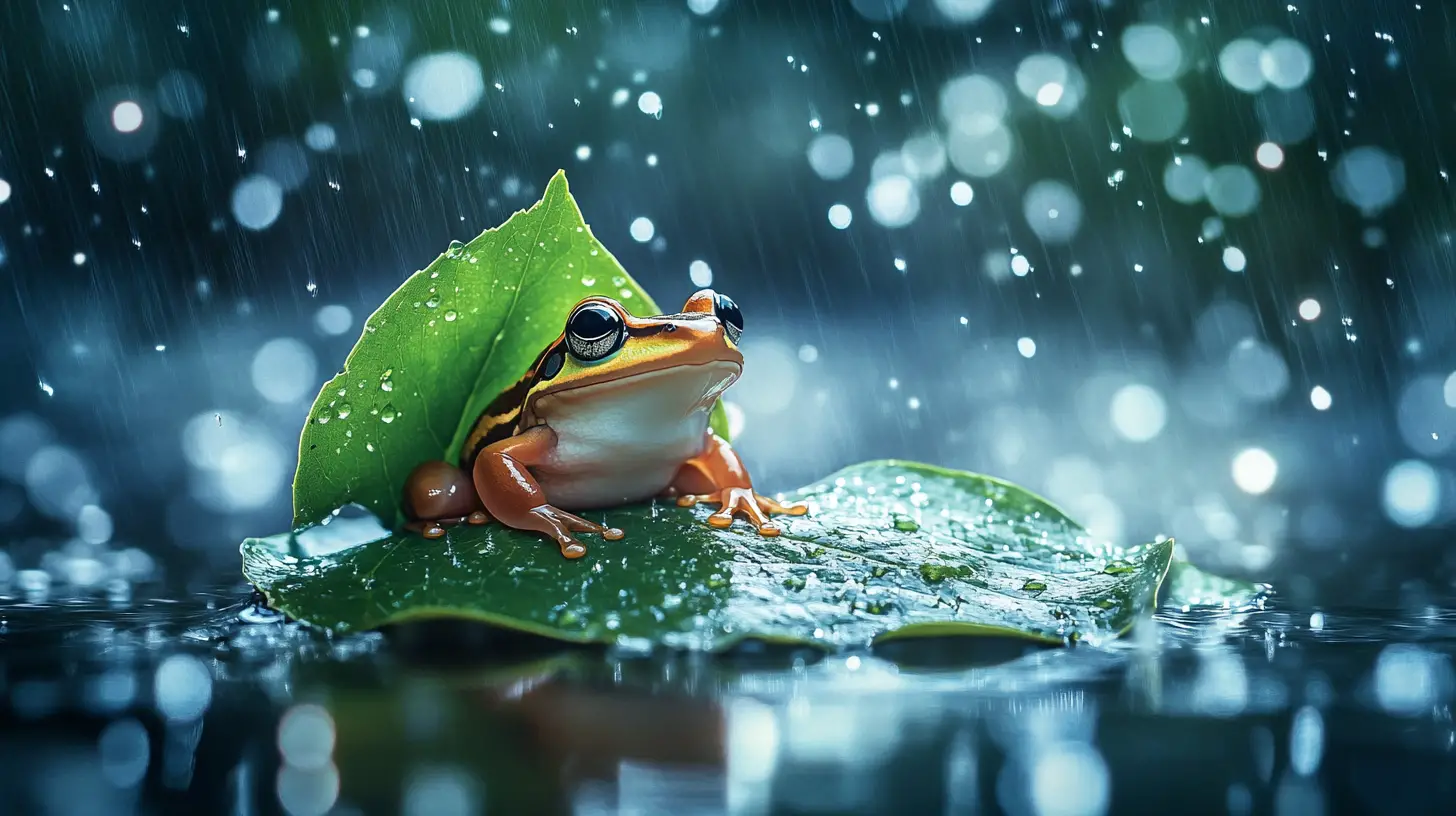 Frog Sheltering Under Leaf In Rainy Night Scene