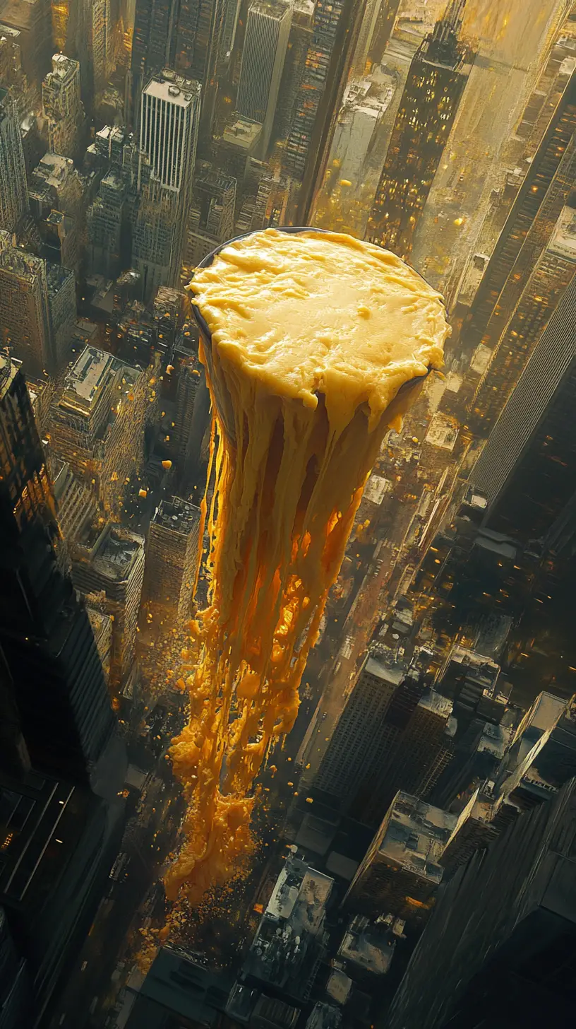 Giant cheddar cheese waterfall spilling over realistic city skyscrapers