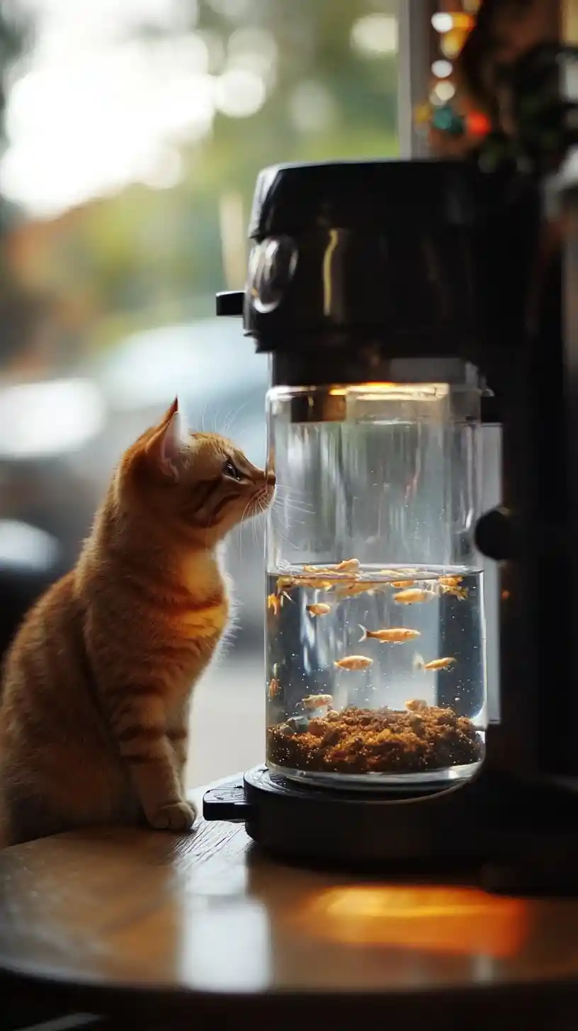 Gato curioso observando peixes coloridos na cafeteira