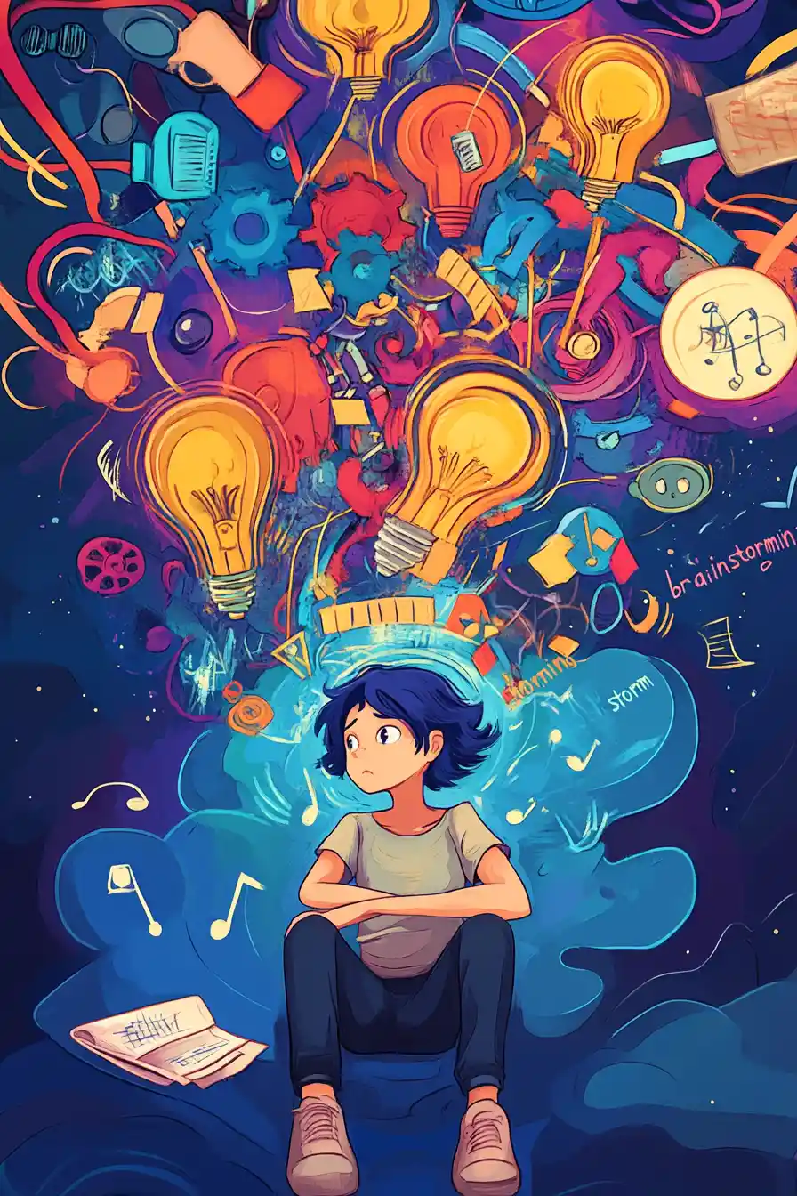 Anime character in a chaotic whirlwind of creative ideas