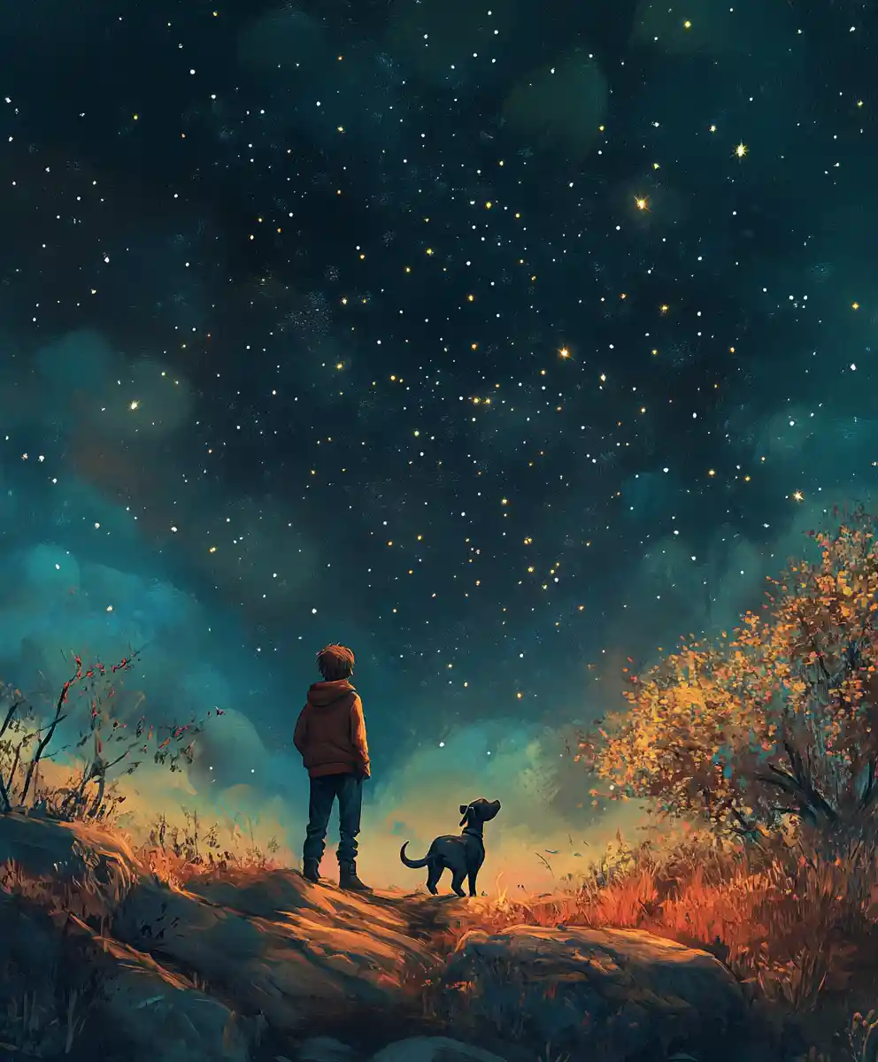 Man and dog under a magical starry night sky