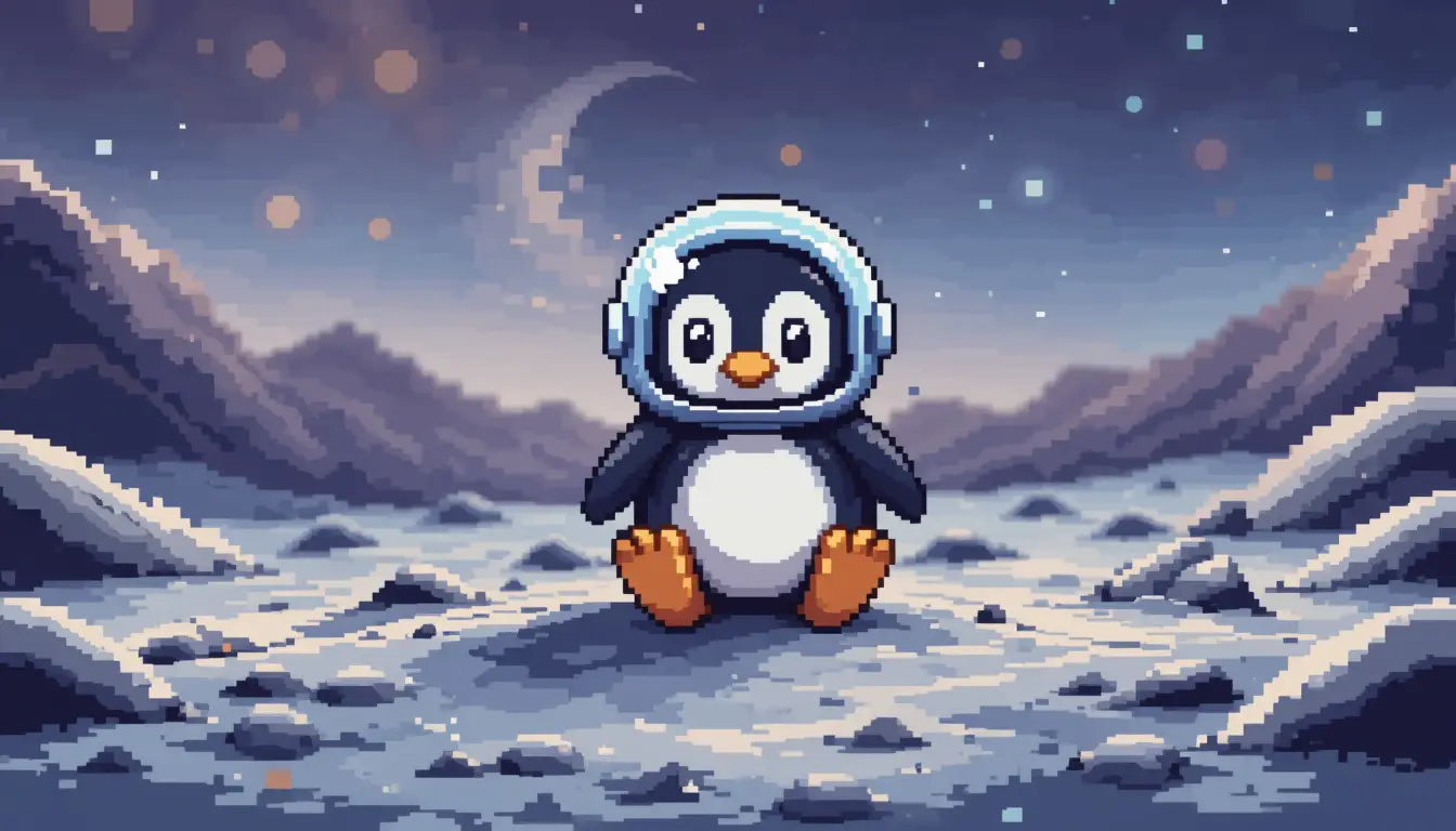 Cute penguin astronaut on the moon in pixel art