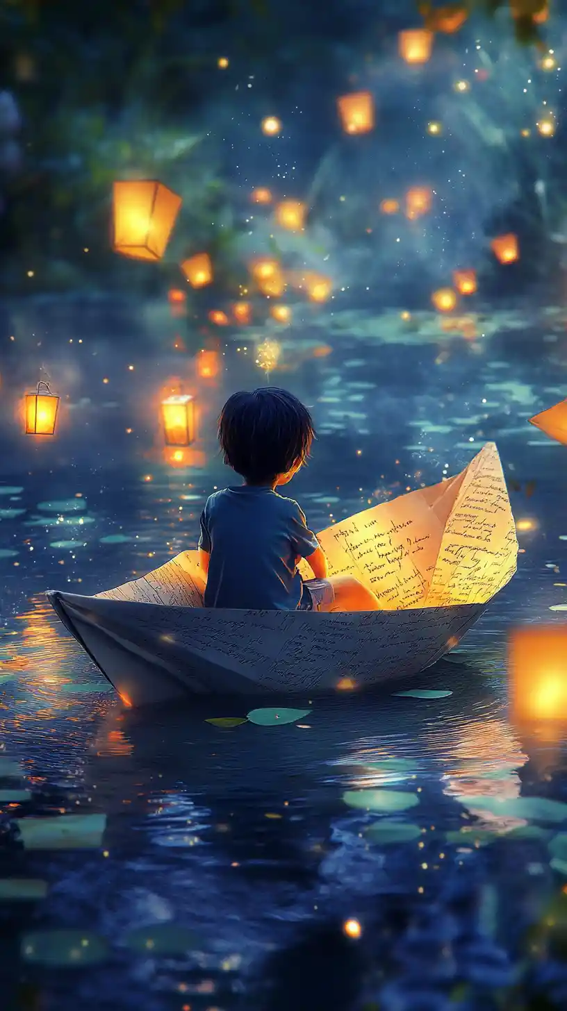 Child drifting in a paper boat on a misty lake