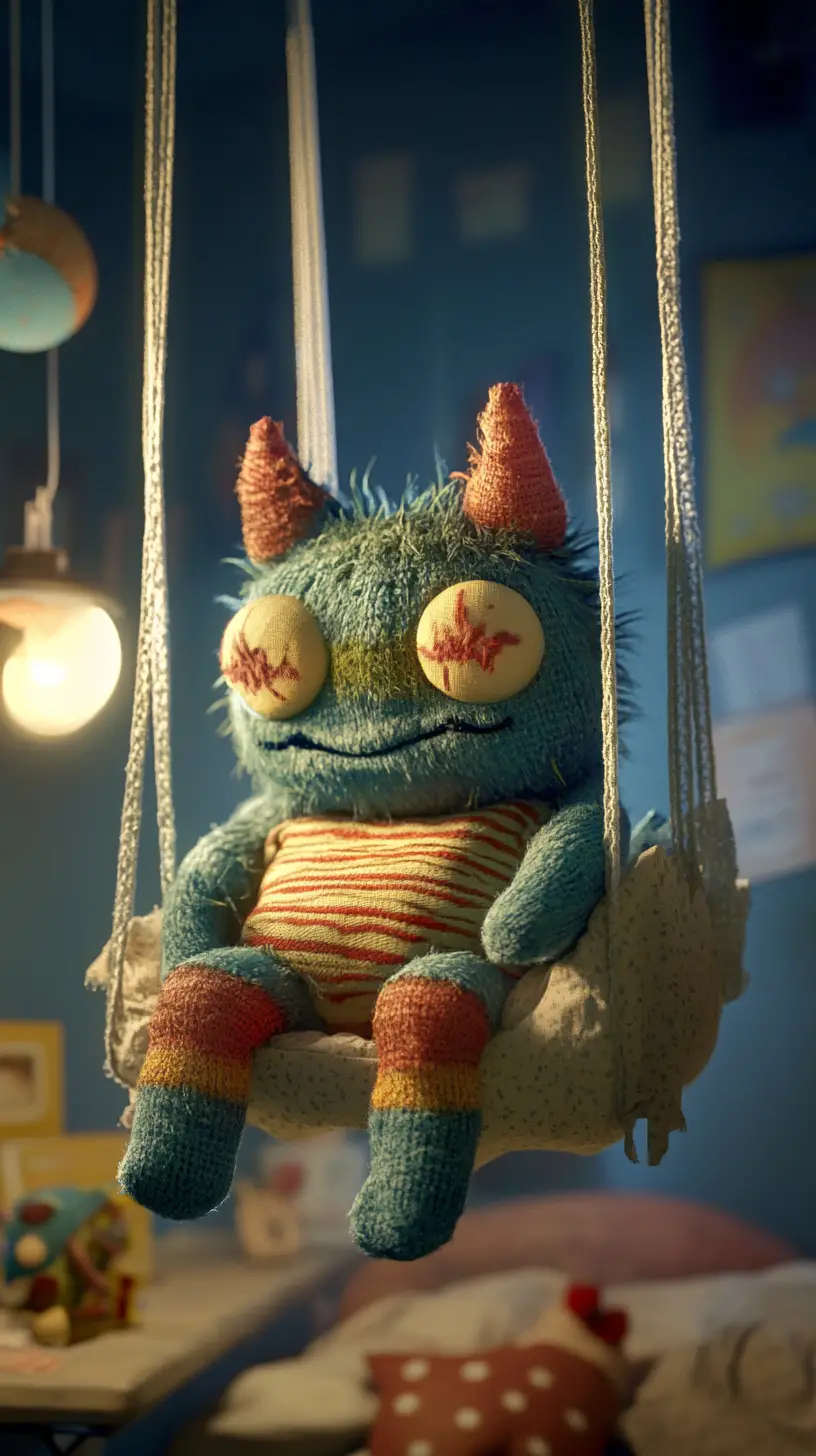 Cute sock monster caring for children in cozy toy room