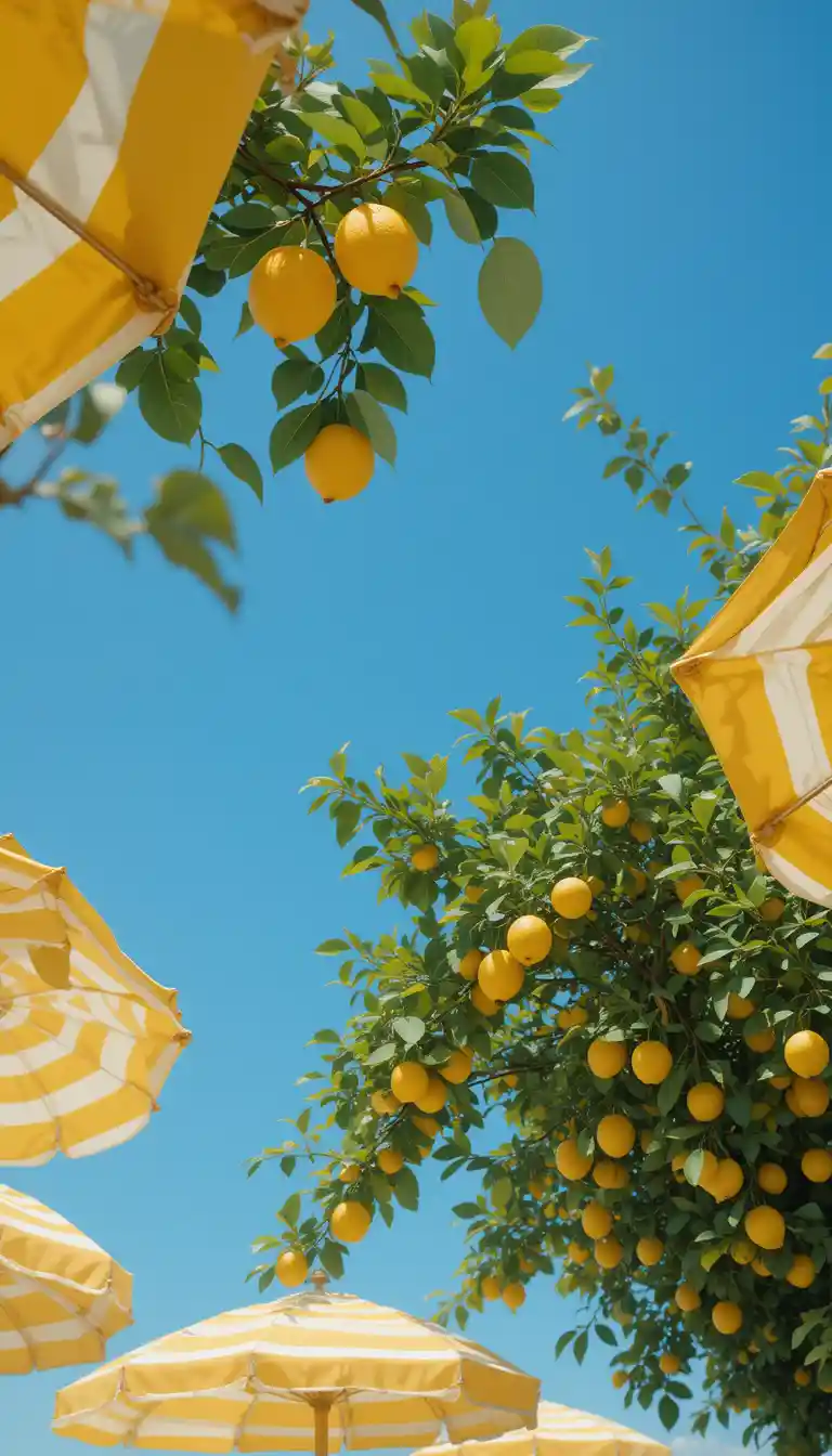 Ramas de limonero y sombrillas bajo un cielo claro de verano