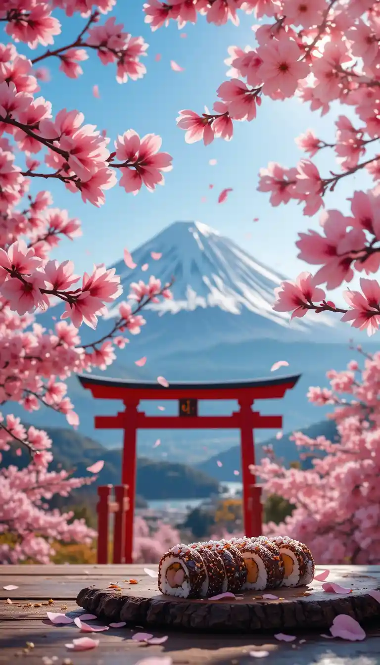 Mount Fuji With Sakura Blossoms And Torii Gate View