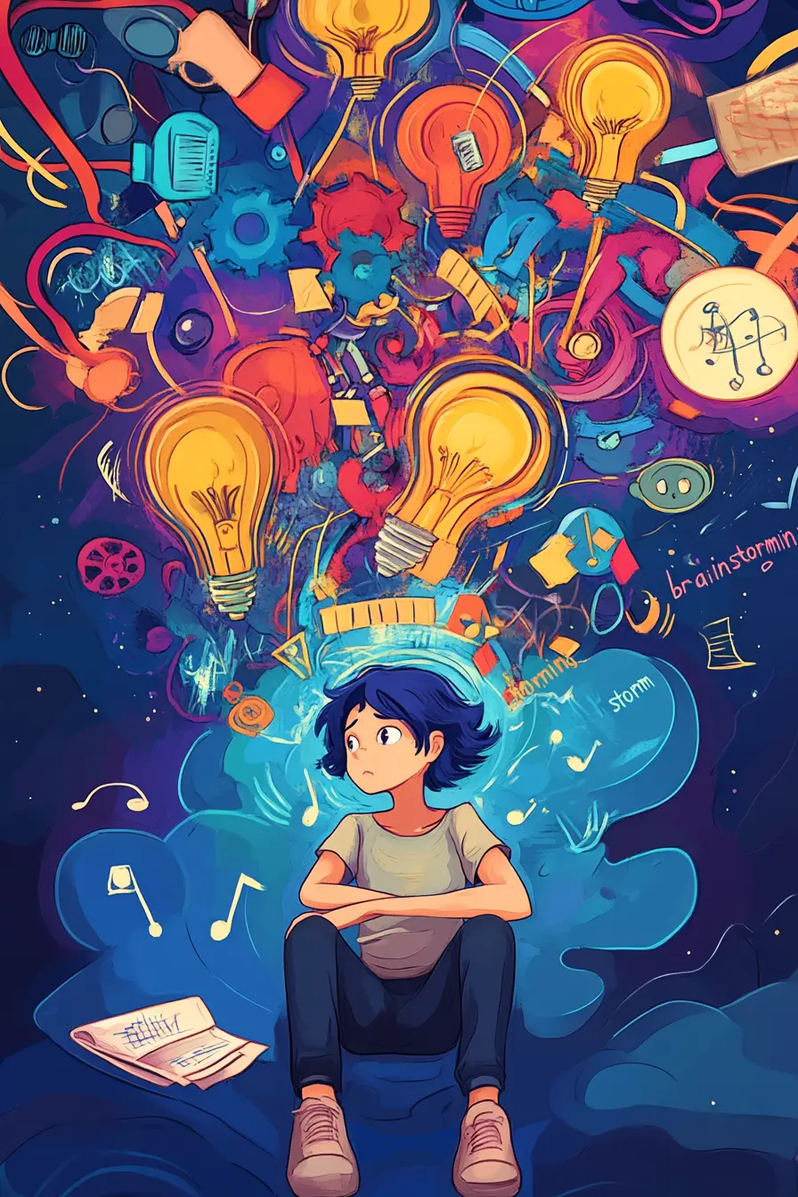 Anime character in a chaotic whirlwind of creative ideas
