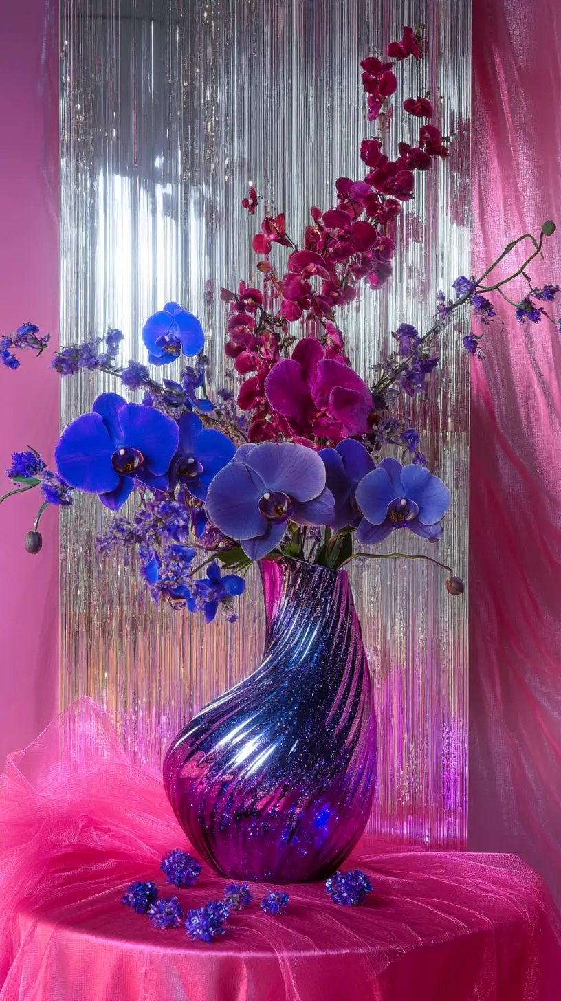 Artistic studio still life with mirrored floral arrangement