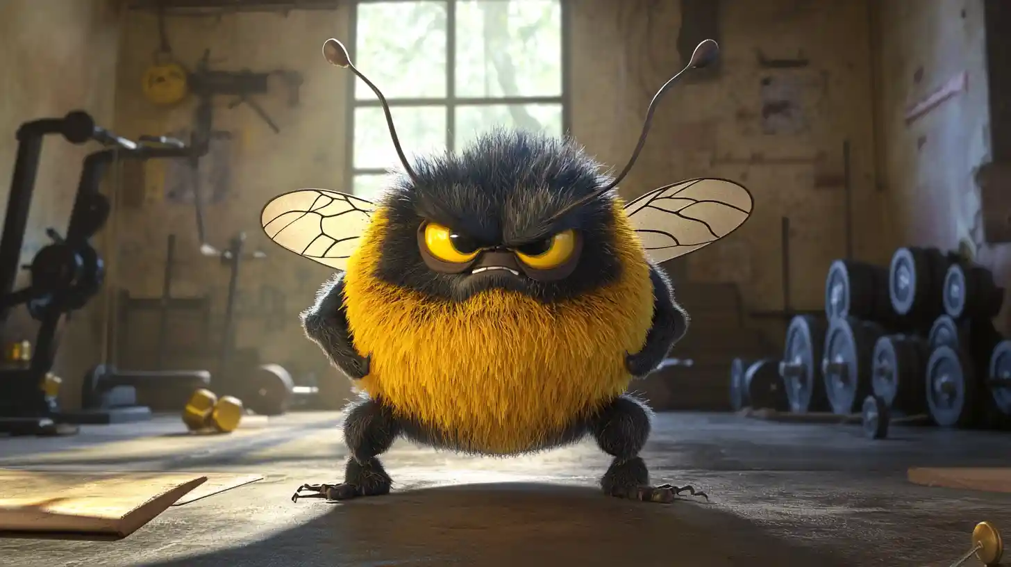 Angry Cartoon Bee Standing In An Old Indoor Gym