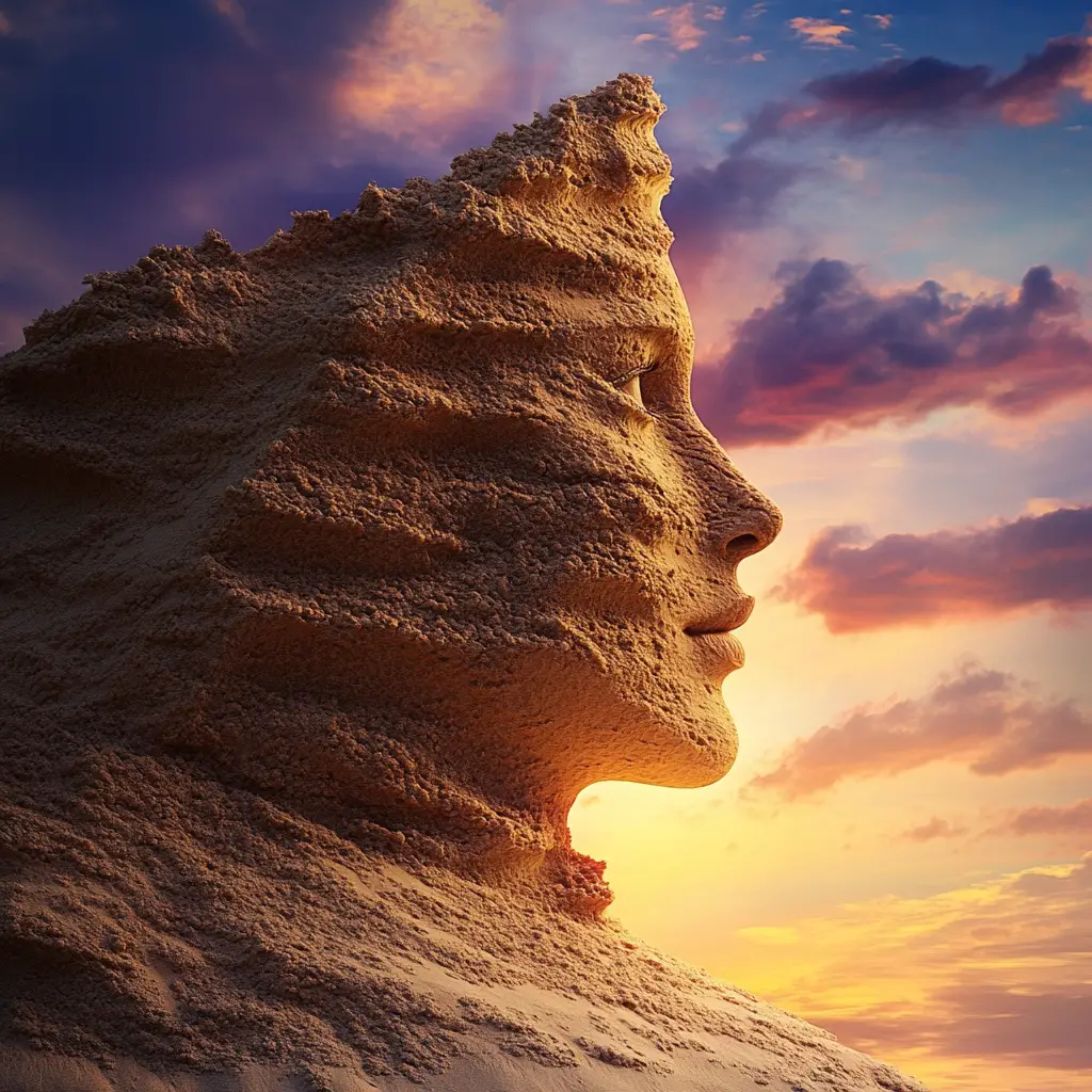 Sand Dune Shaped As Woman At Colorful Sunset Sky