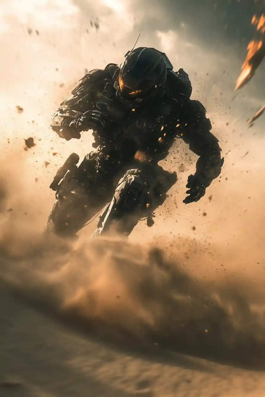 Armored mecha soldier landing in a dramatic desert battle