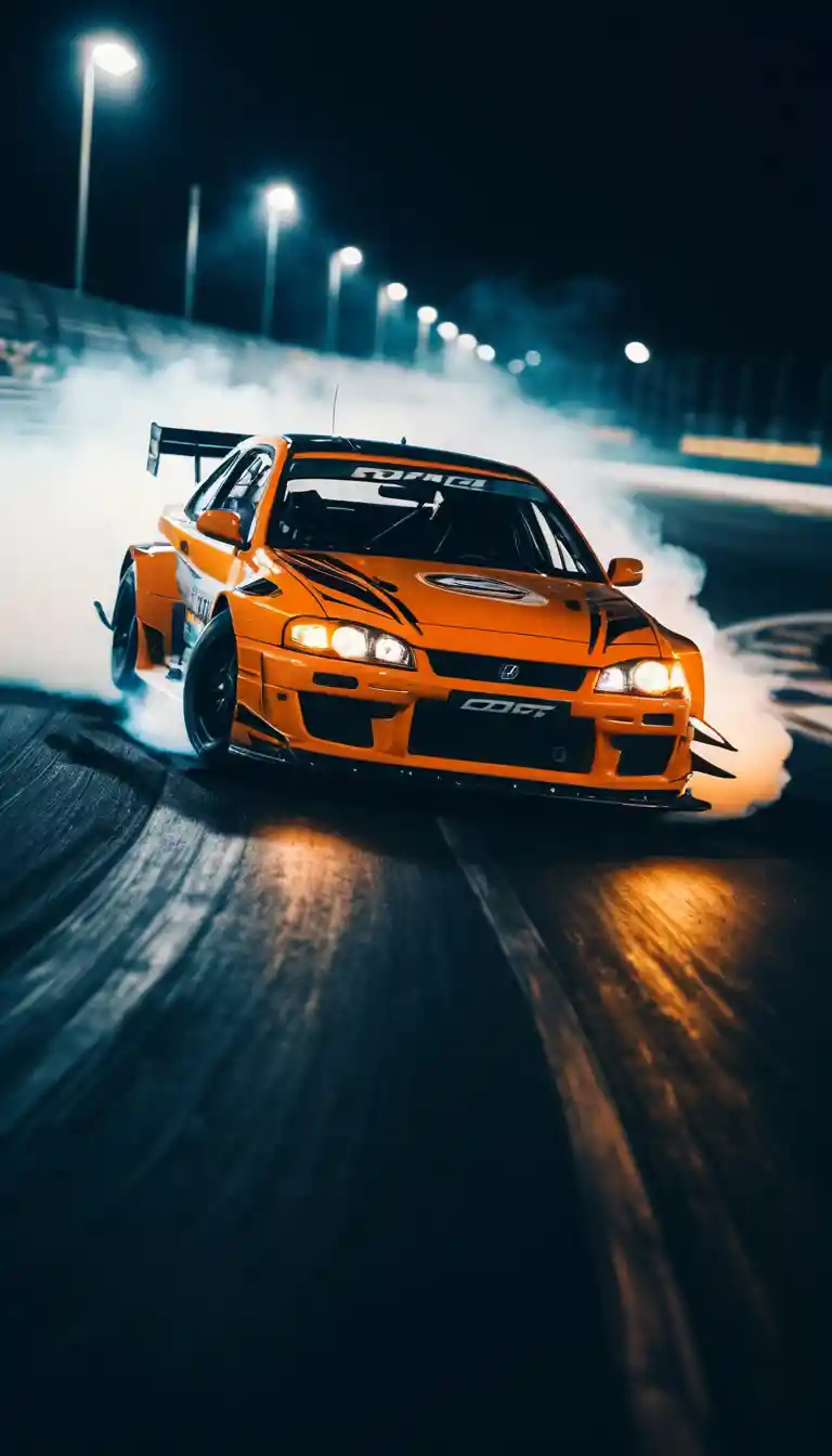 Drift-Rennwagen in der Nacht auf leuchtender Rennstrecke