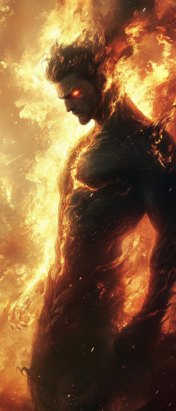 Fire god emerging from a volcano in dark fantasy art