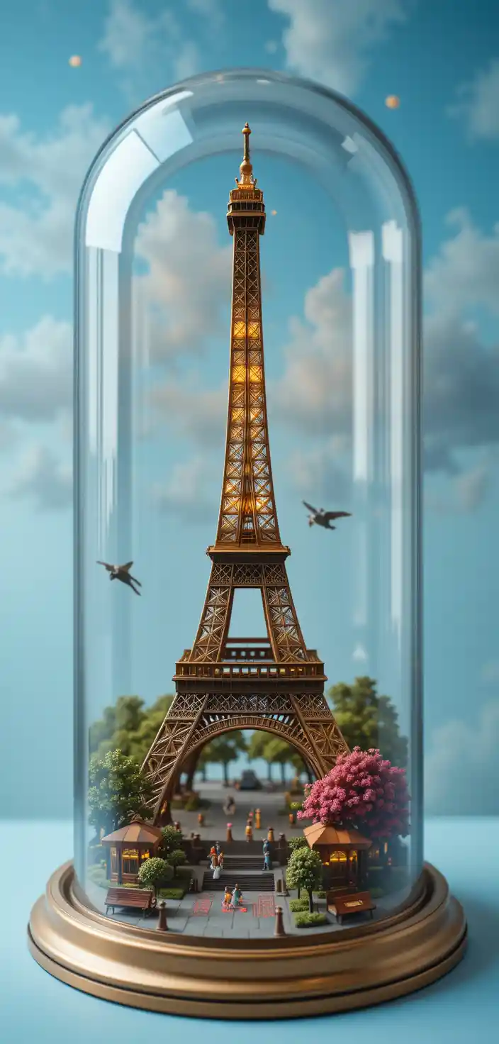 Miniature Eiffel Tower Diorama Under Glass Dome Display