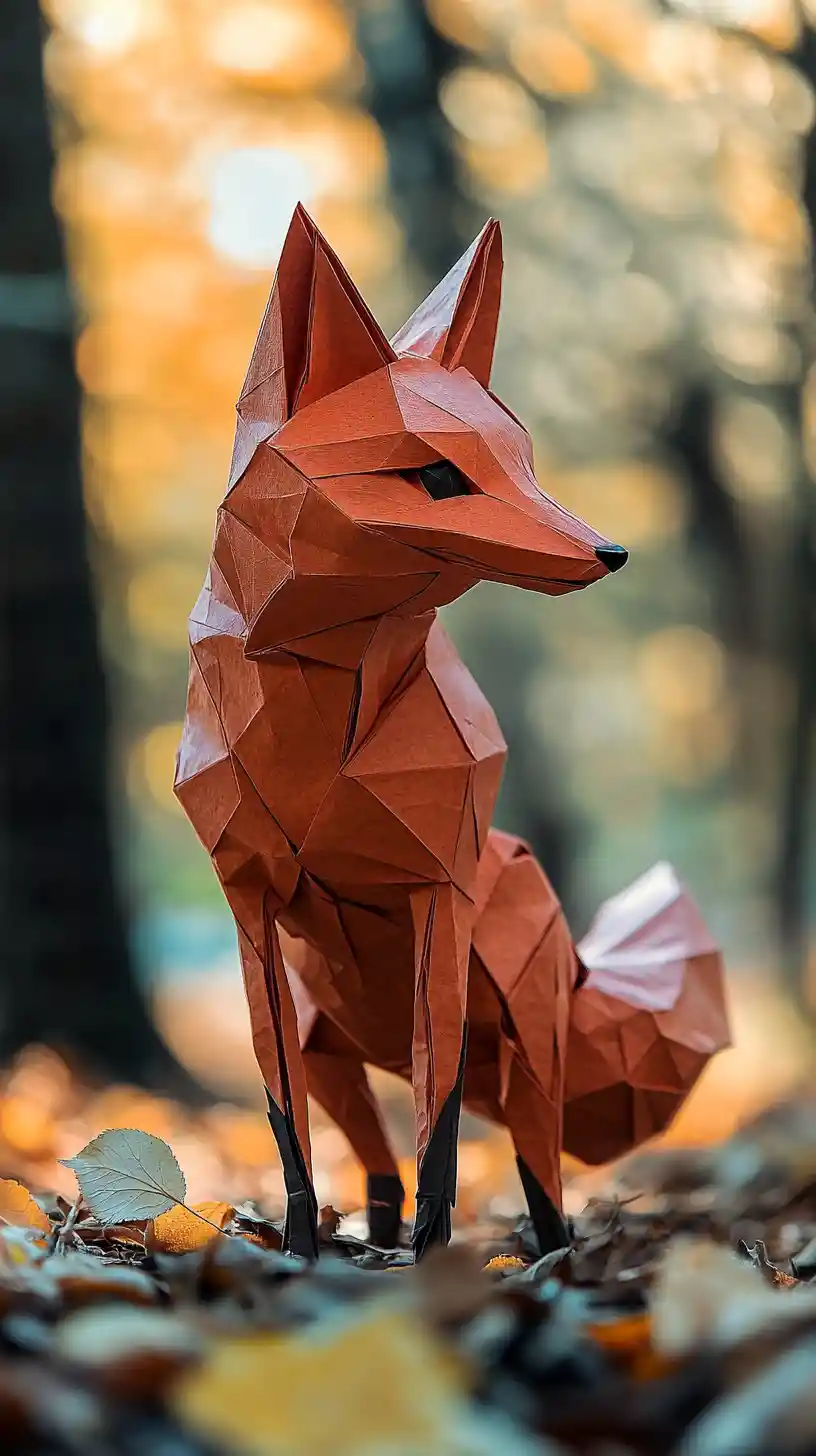 Origami-Rotfuchs-Skulptur auf warmem Waldboden
