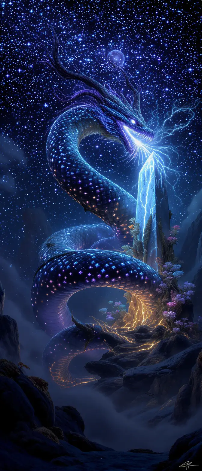 Cosmic serpent coiled around an ancient glowing obelisk