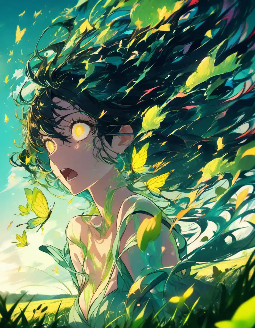 Anime girl in summer dress running through meadow