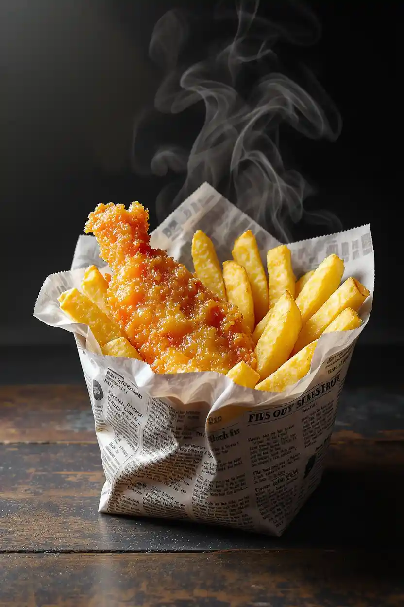 Steaming Fish And Chips Wrapped In Newspaper