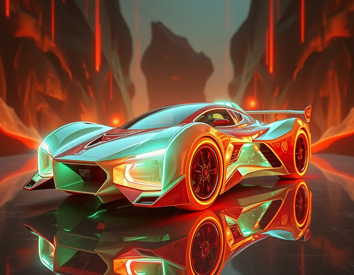 Futuristic vehicle in a surreal reflective sci fi world