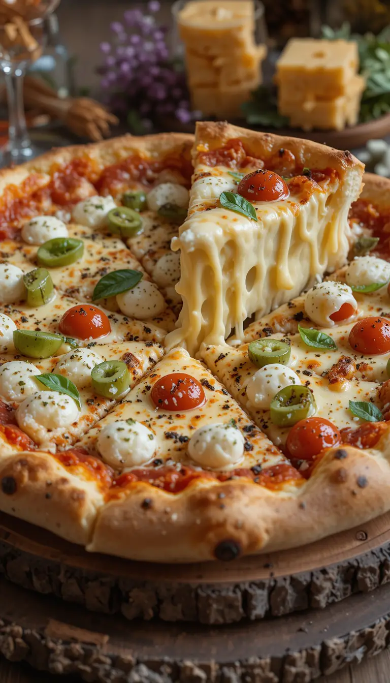 Melting cheese pizza on rustic wooden table