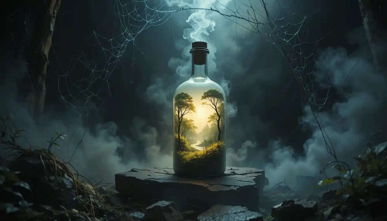 Dark fantasy bottle holding a glowing verdant world