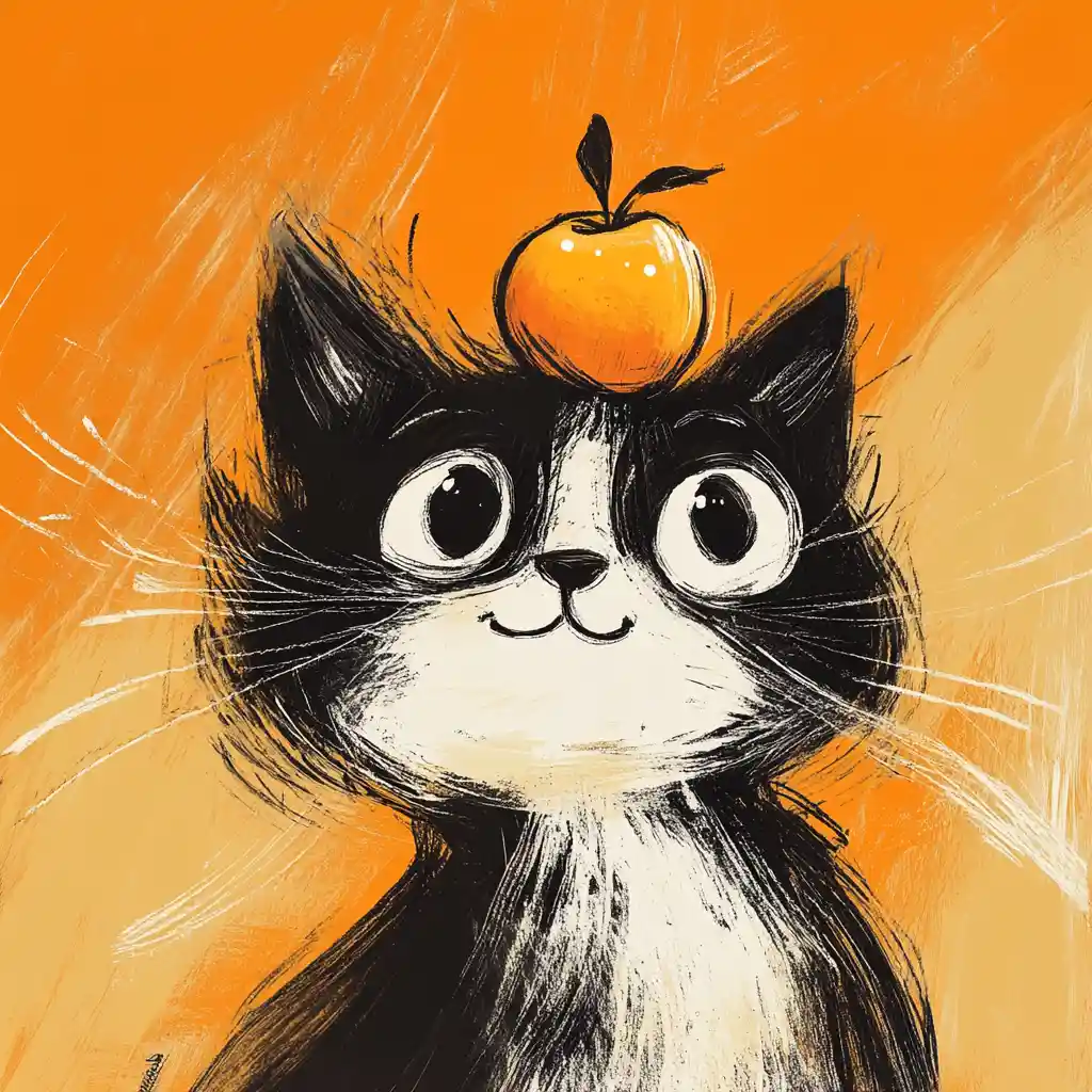 Playful close up illustration of a cat with an apple