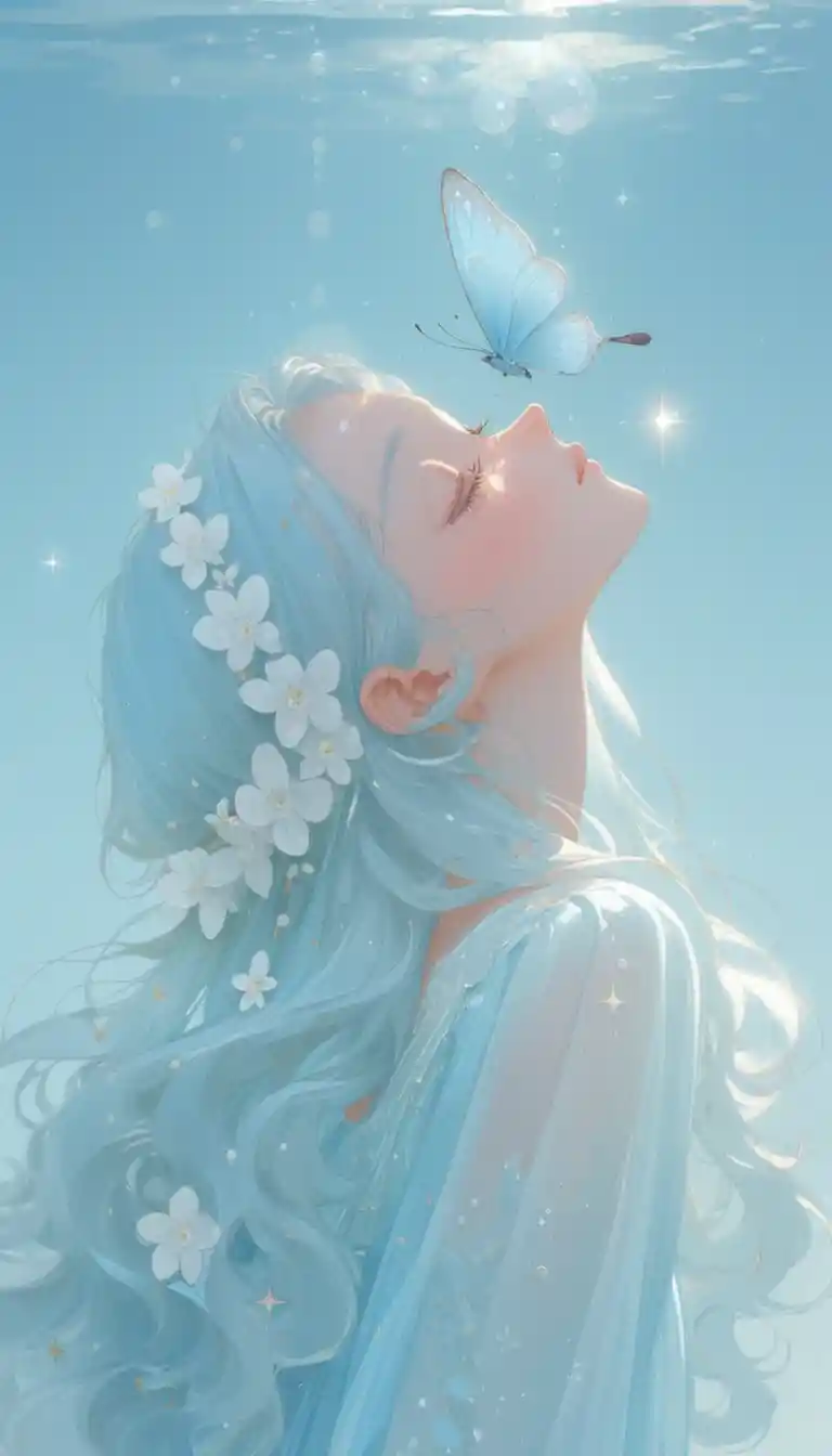 Anime woman floating in serene underwater light