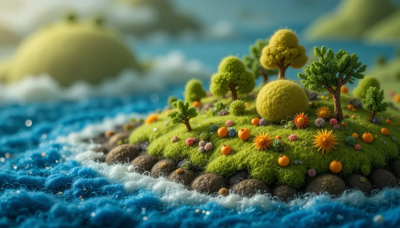 Close up felt hills and sea with tiny trees and fruits