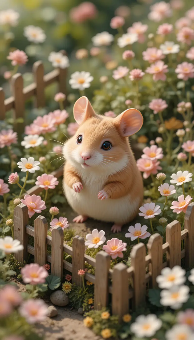 Colorful hamster in a whimsical pastel fantasy garden