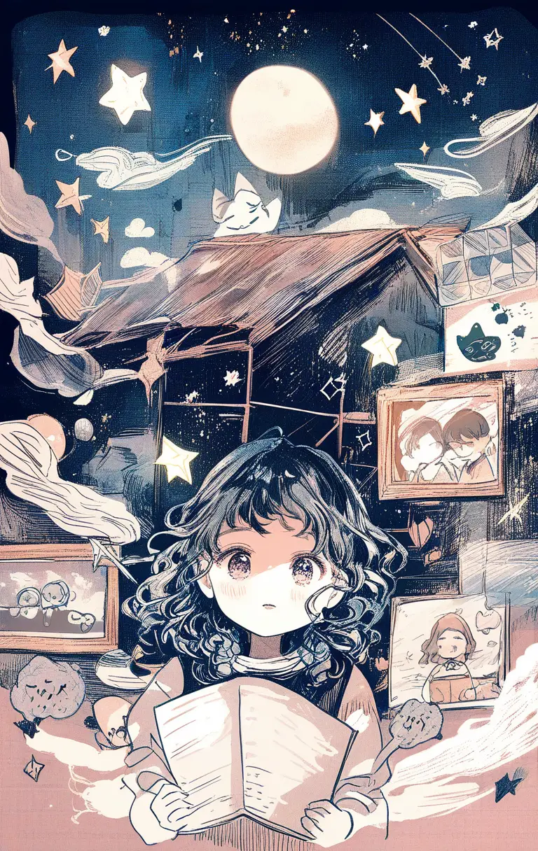 Child Sitting By An Attic Window Looking At The Moon