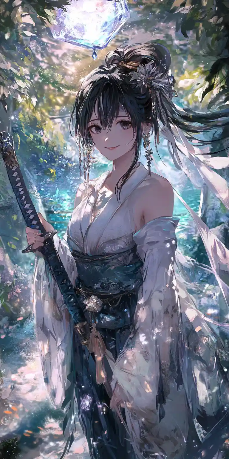 Anime girl swinging a glowing sword in crystal garden