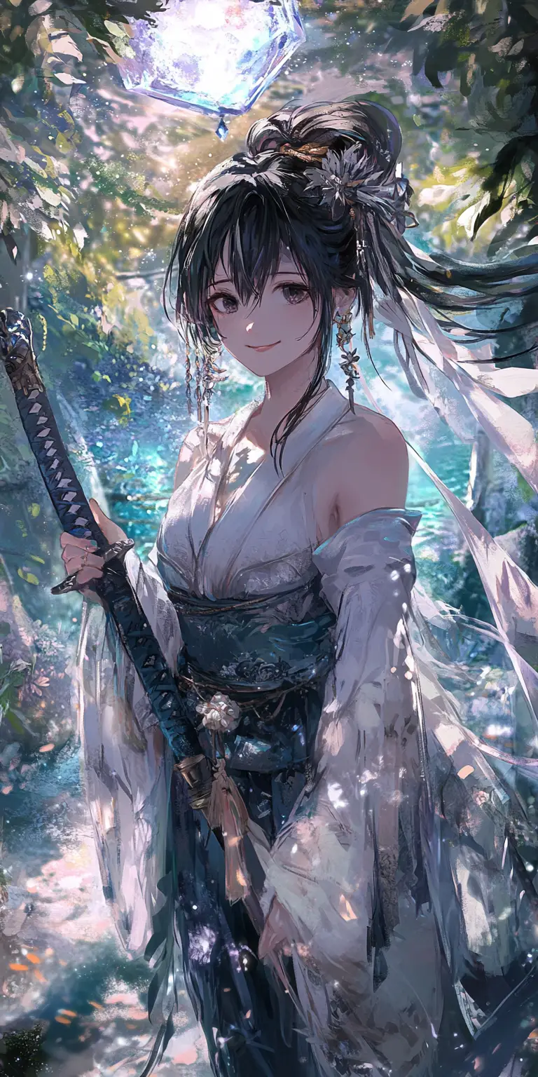 Anime girl swinging a glowing sword in crystal garden