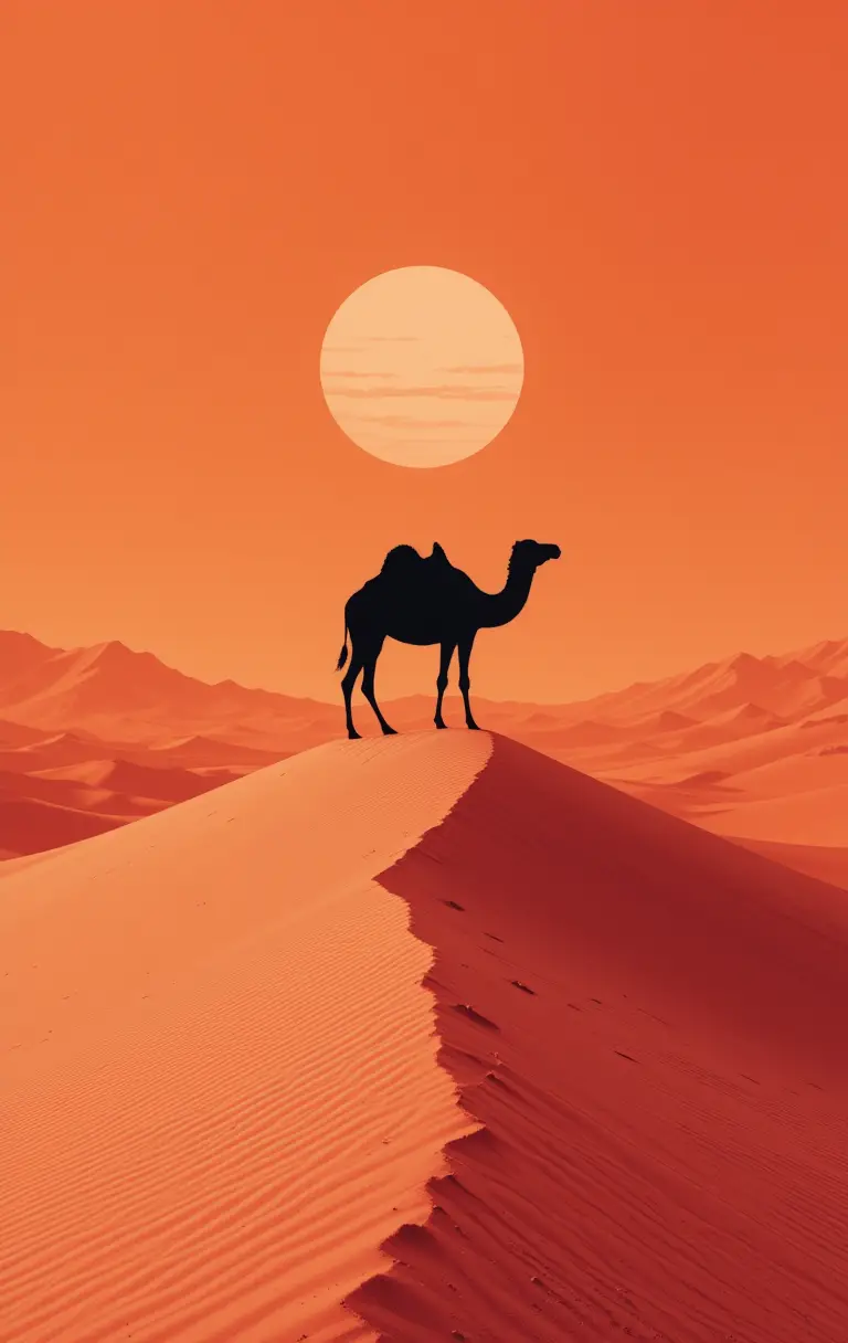 Camel silhouette on glowing desert dune at sunset