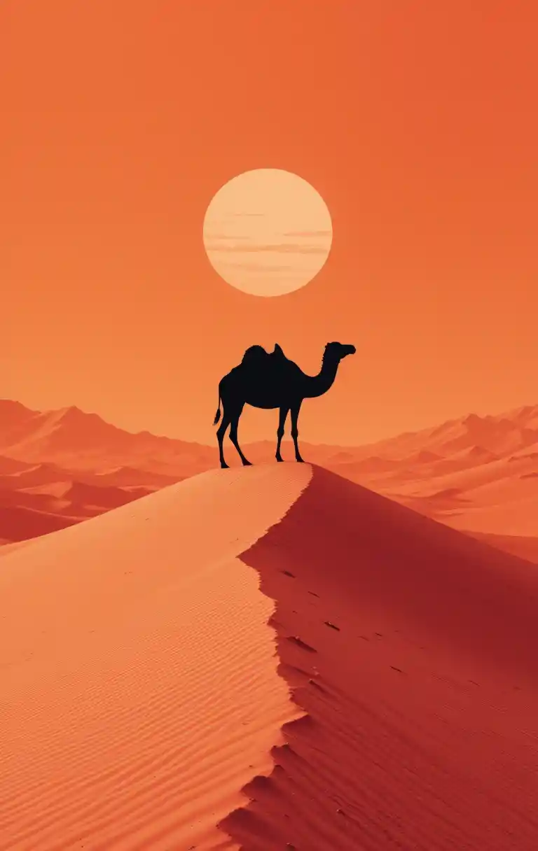 Camel silhouette on glowing desert dune at sunset
