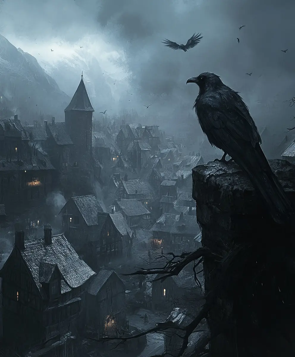 Dark fantasy illustration of a mystical town of eisenach