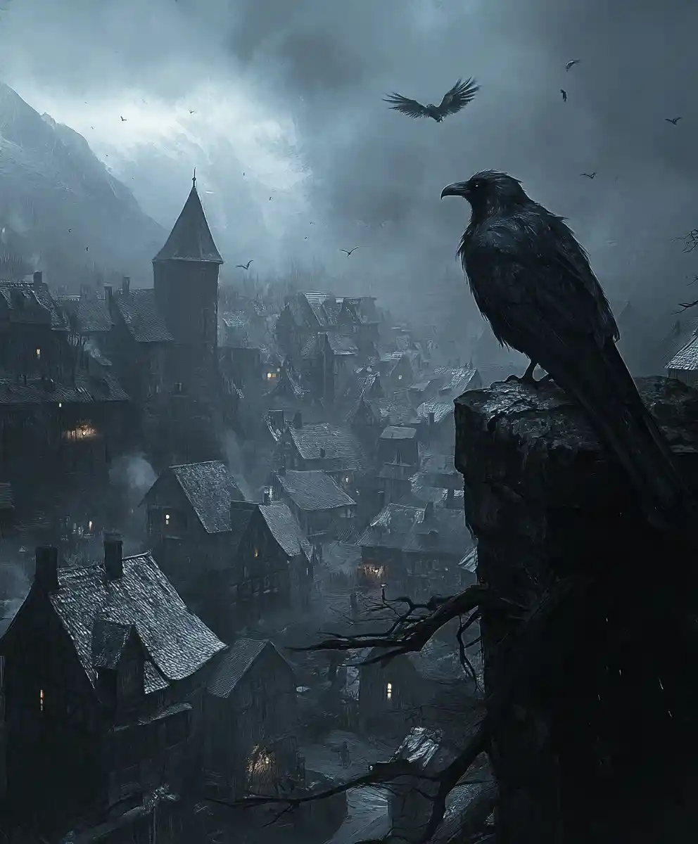 Illustrazione dark fantasy di una città mistica di Eisenach