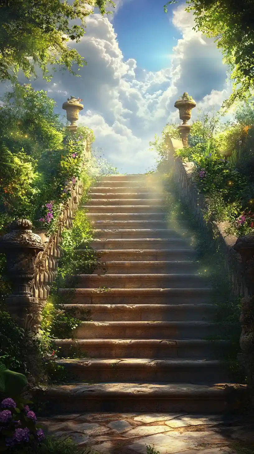 Stone staircase rising into a bright blue fantasy sky