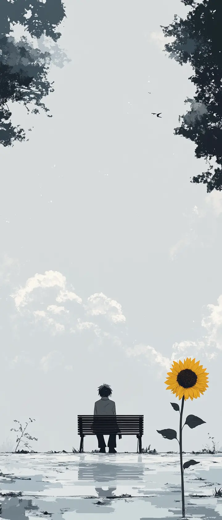 Lonely figure on a park bench with a wilting sunflower