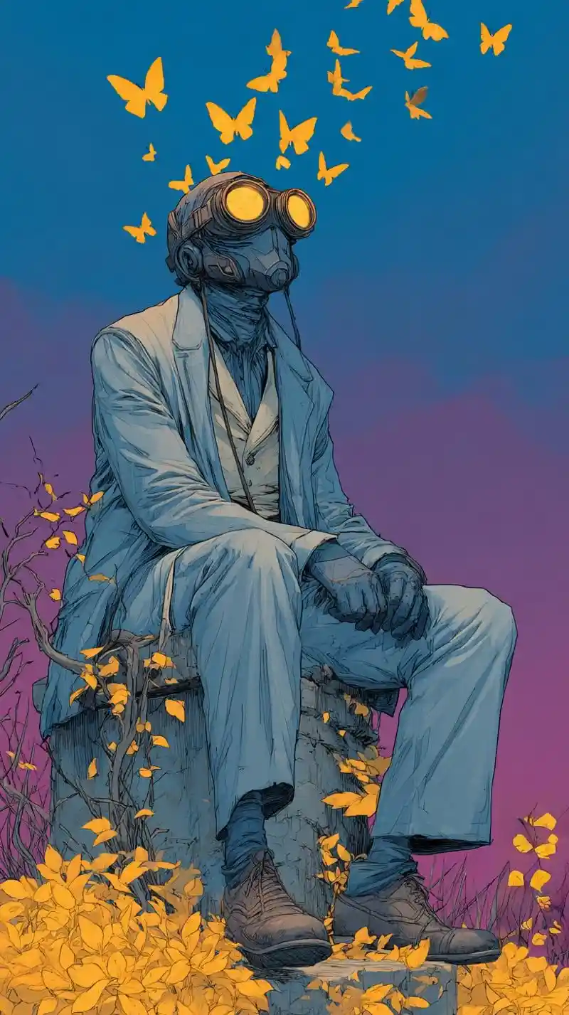 Surreal woman in suit with gas mask among autumn leaves