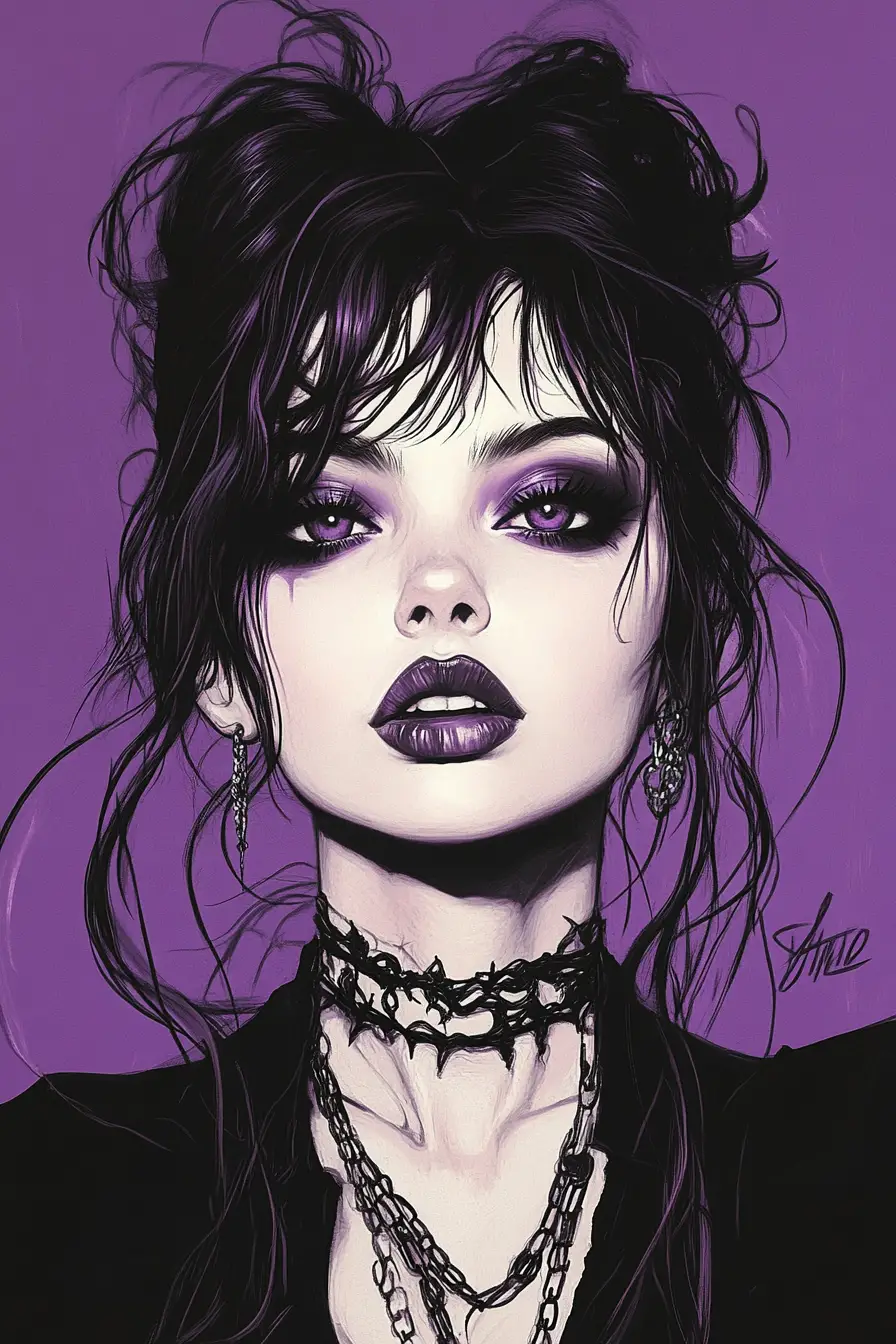Gothic woman portrait with luminous purple eyes