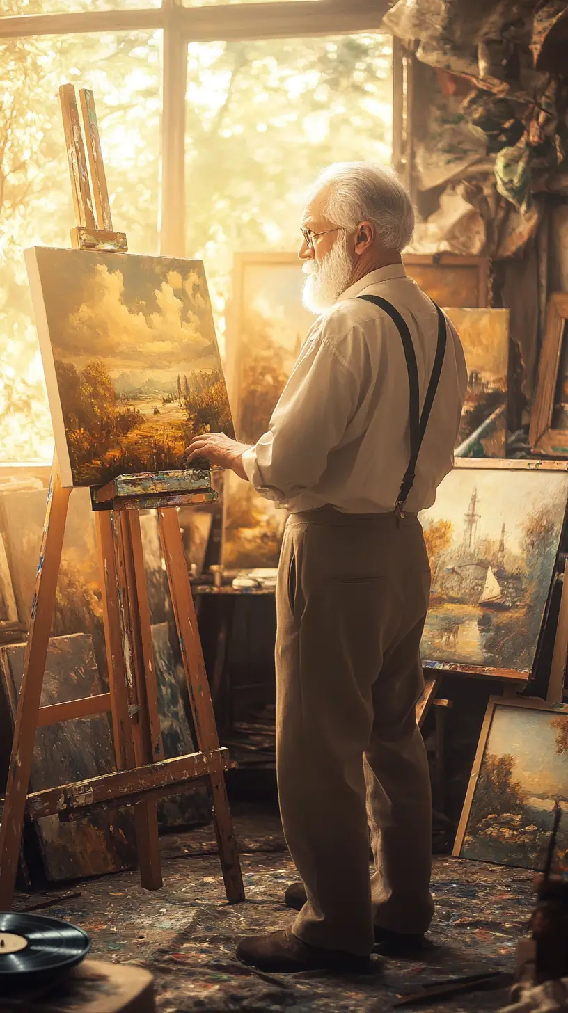 Elderly painter working at an easel in a cozy art studio