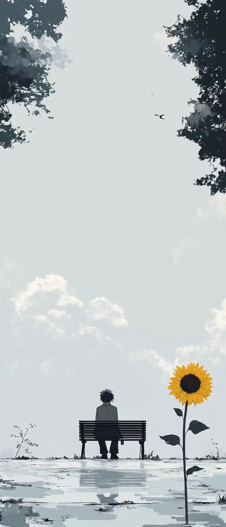 Lonely figure on a park bench with a wilting sunflower