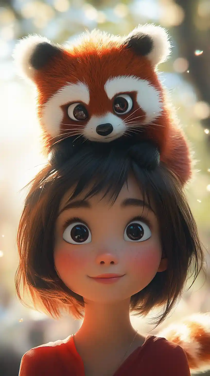Anime girl portrait with playful red panda companion