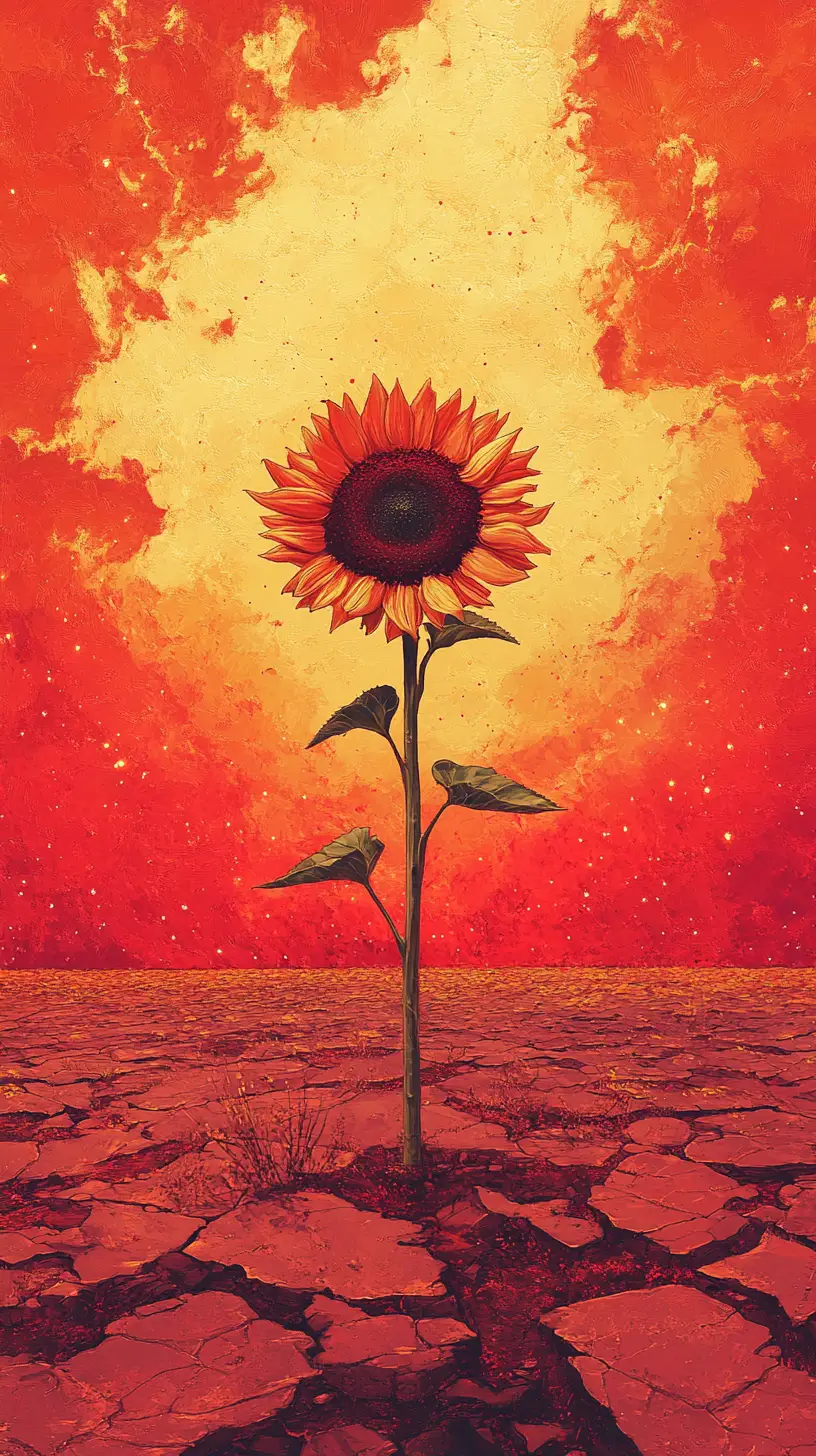 Giant sunflower in surreal red sky fantasy landscape