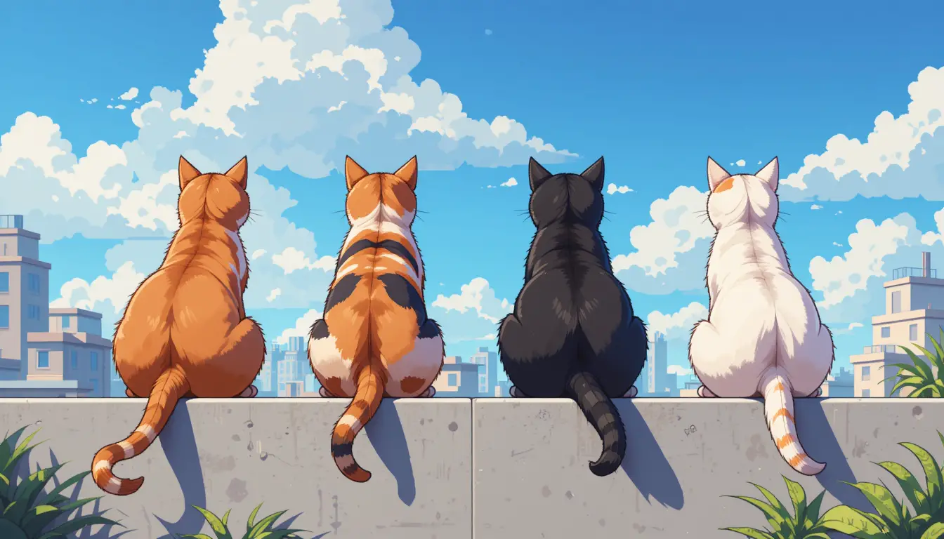 Four Cats Sitting On A Sunny Urban Rooftop