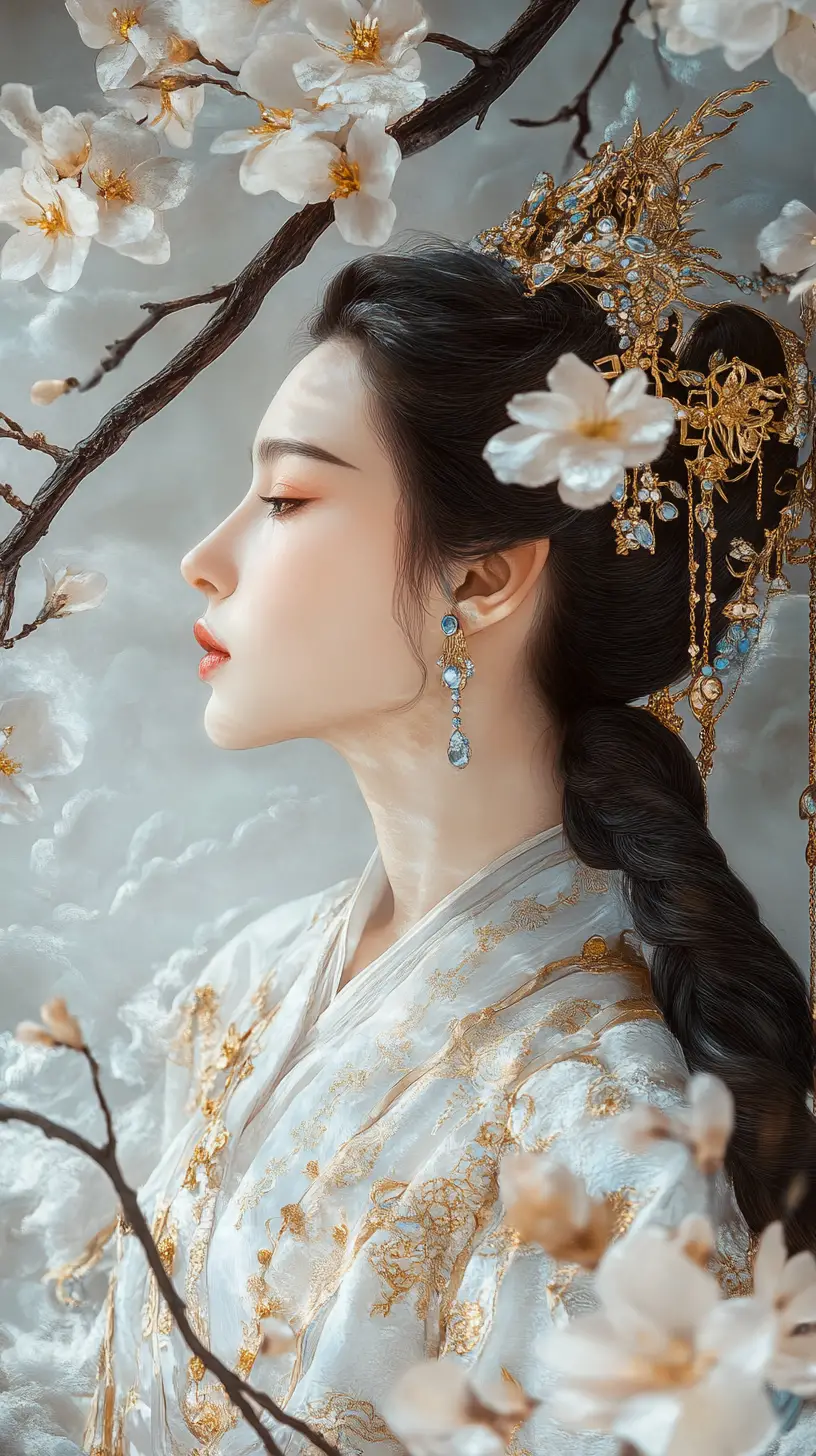 Regal floral queen beneath swirling clouds and temple ruins