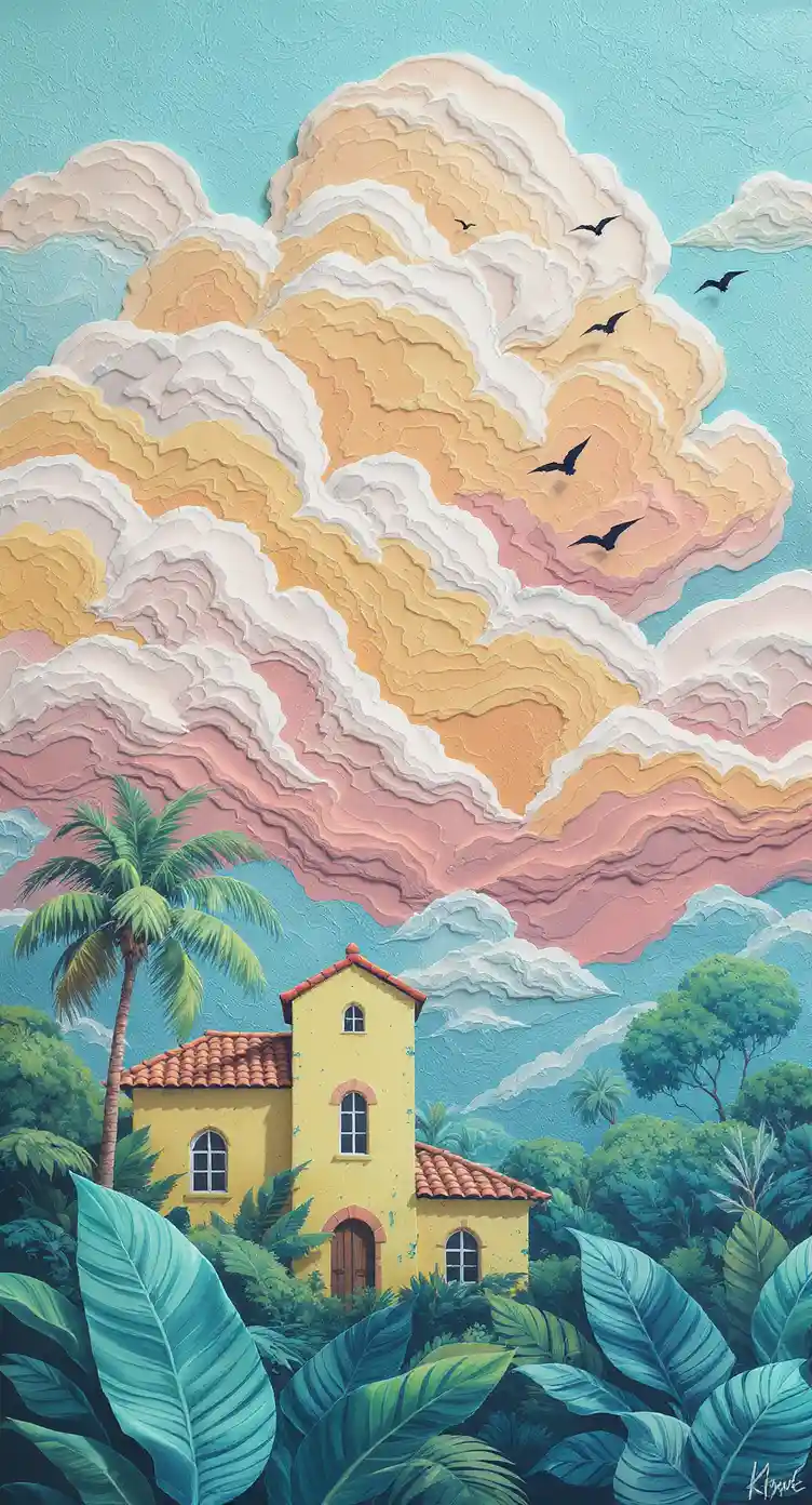 Strukturierte tropische Hausmalerei mit skulpturierten Pastellwolken