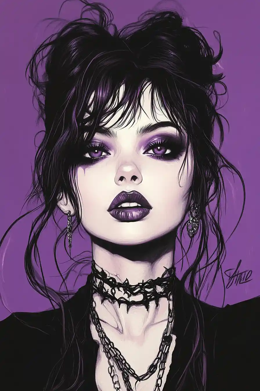 Gothic woman portrait with luminous purple eyes