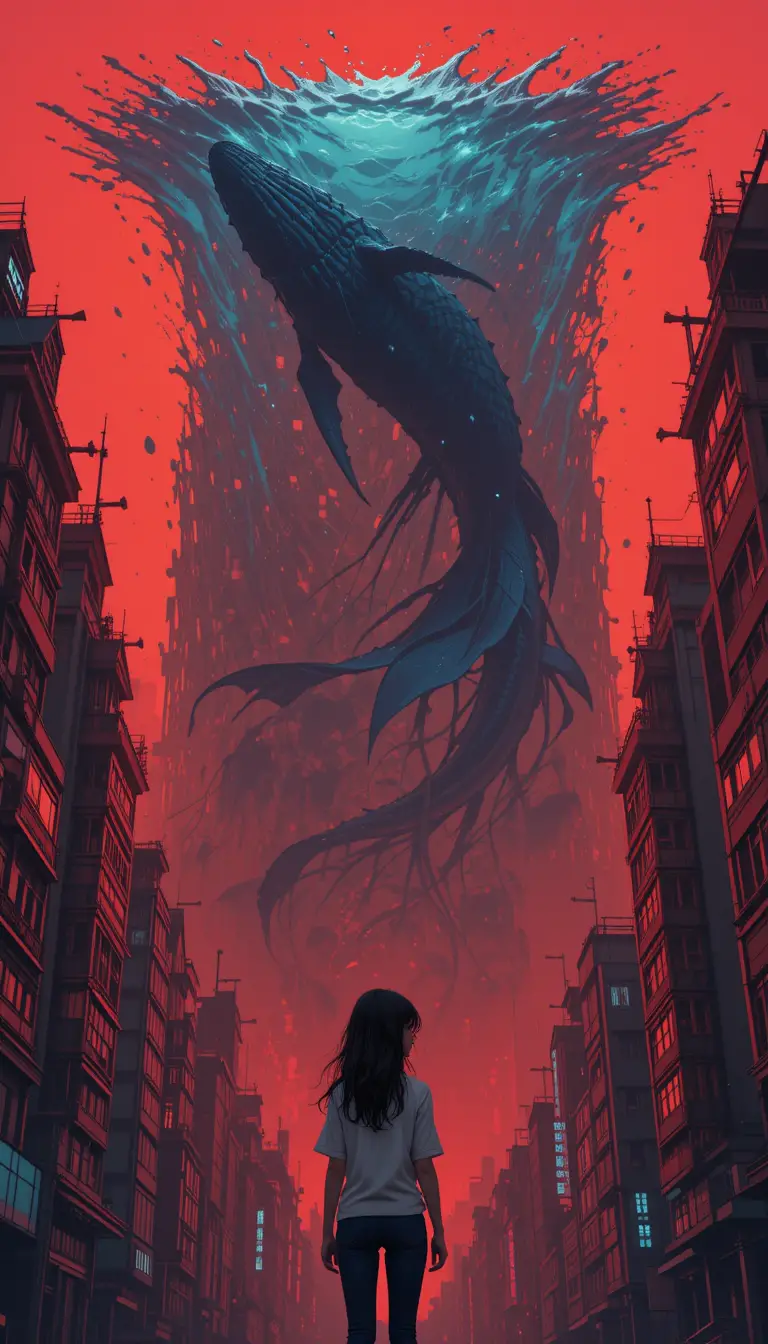 Girl looking up at floating ocean above a dark city